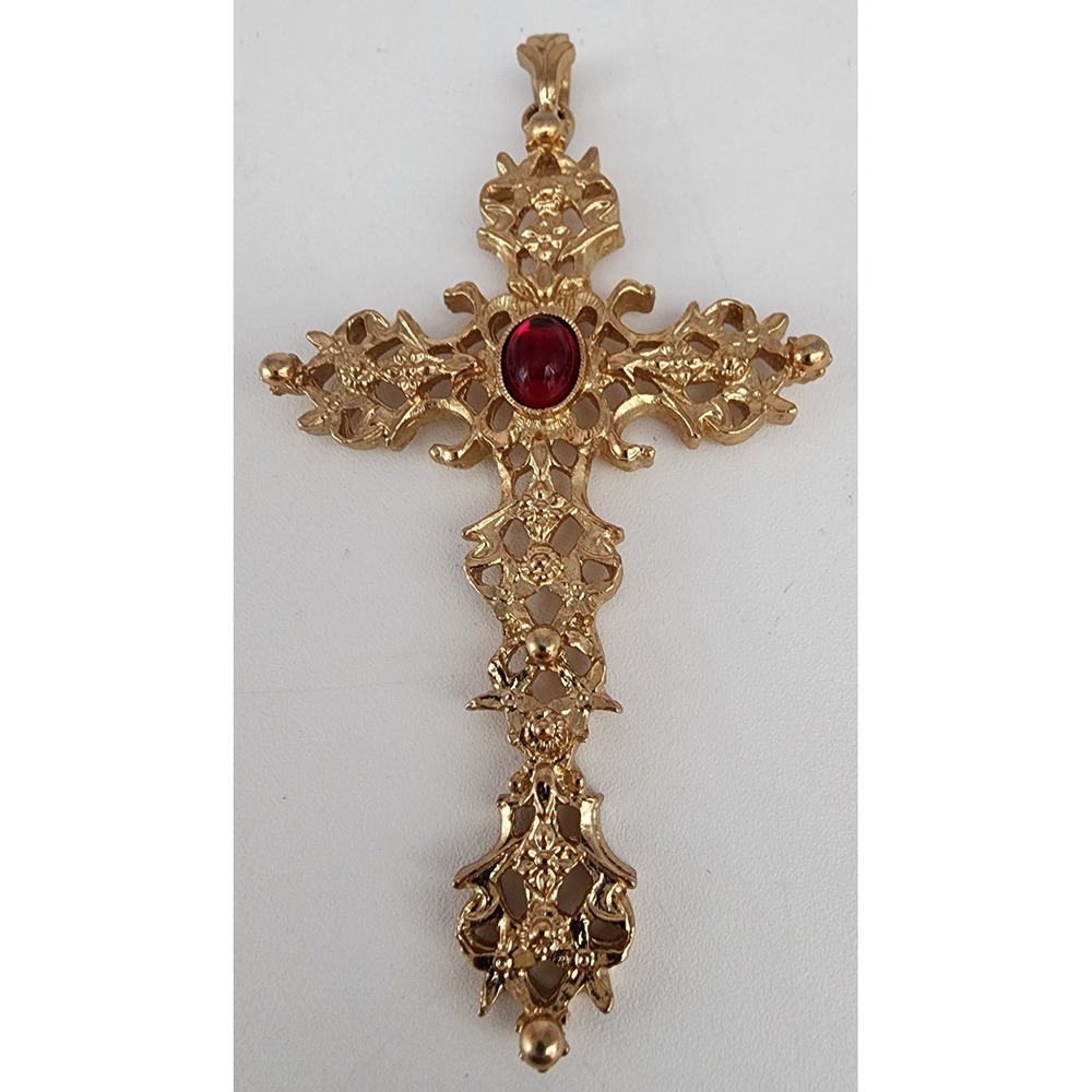 1970s Avon Signed Red Cabochon Cross Pendant Large 2 3/4" Gothic Vintage - Picture 3 of 10